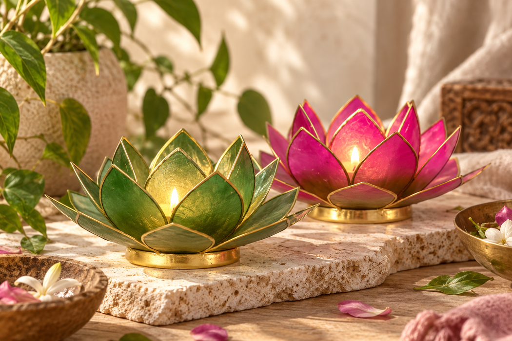 Lotus kynttilälyhty vihreä ja pinkki kultareunus