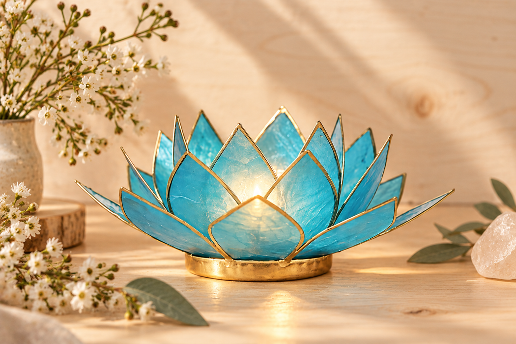 Lotus chakra lyhty vaaleansininen kultaareunuksella (kurkkuchakra)