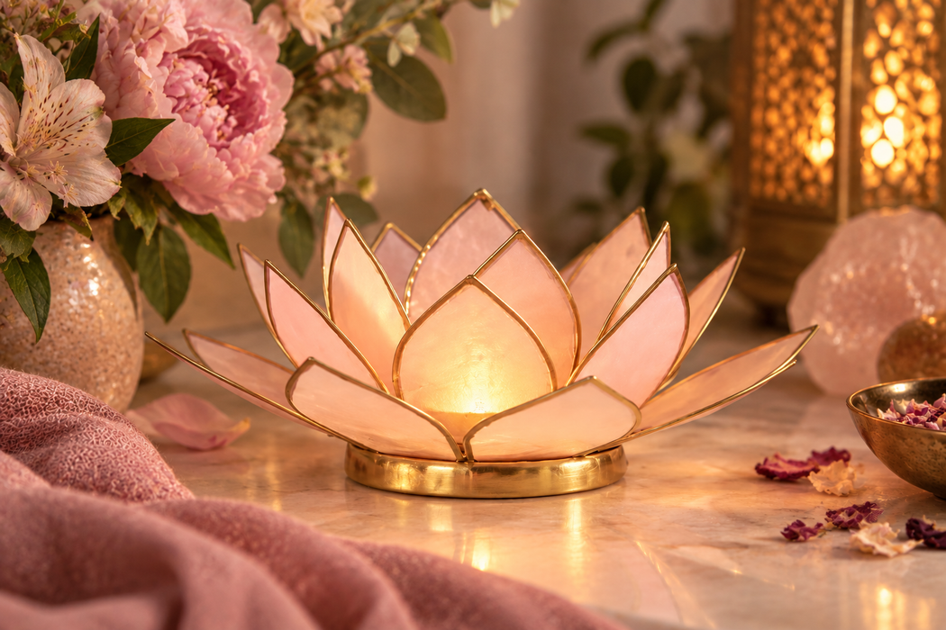 Lotus kynttilälyhty baby pinkki, kultainen reunus