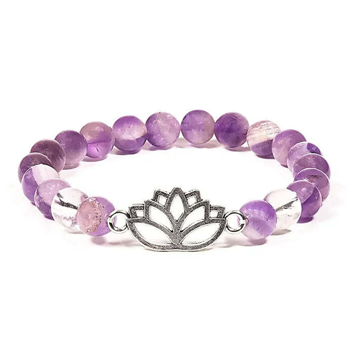 Mala bracelet amethyst chevron/rock crystal with lotus flower (flexible)