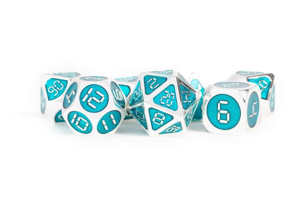 16mm Enamel Metal Dice Set - Digital Silver Teal - Metallic Dice Games - Tarotpuoti