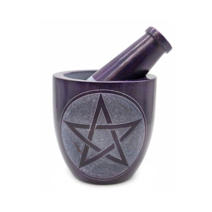 Soapstone mortar Pentagram violet and pestle