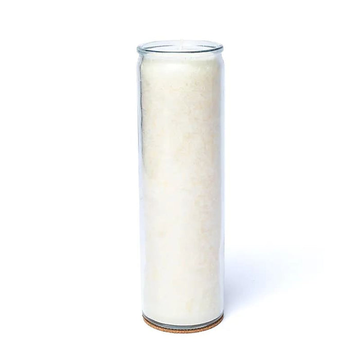 Tall antique white candle in a glass jar, unscented