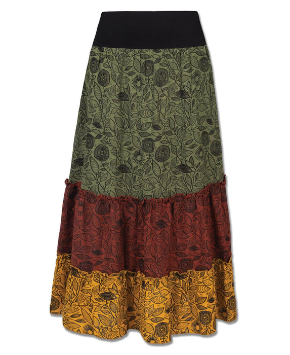 Three Tier Maxi Skirt with Pockets, Green Multicolor