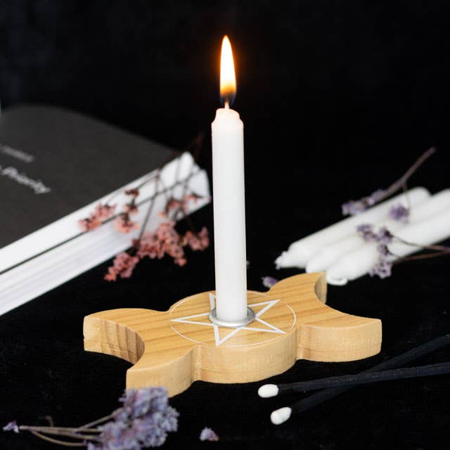 Wood-colored Triple Moon spell candlestick